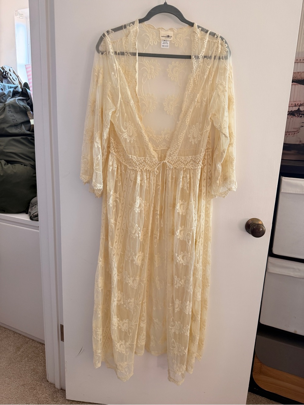 NATURAL LIFE Cream Lace Sheer Robe with Floral Embroidery